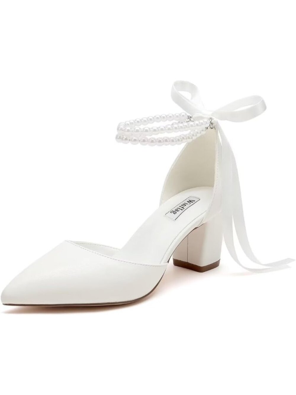 Women's Ivory White Bride Block Heel Pointed Toe Imported Leather Shoes